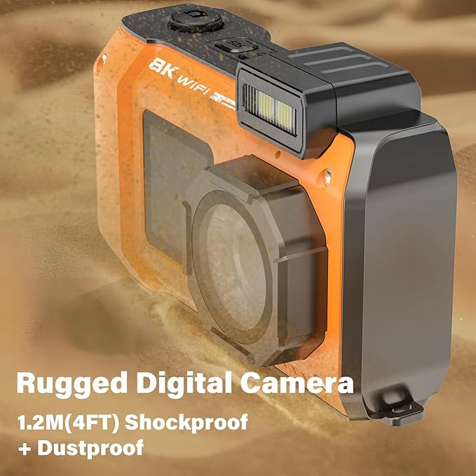8K UHD 70MP WiFi Digital Camera with 64GB Card Rugged Waterproof Dustproof Shockproof 33FT Underwater Camera Dual-Screen Selfie for Snorkeling Autofocus Point and Shoot Digital Camera (Orange)