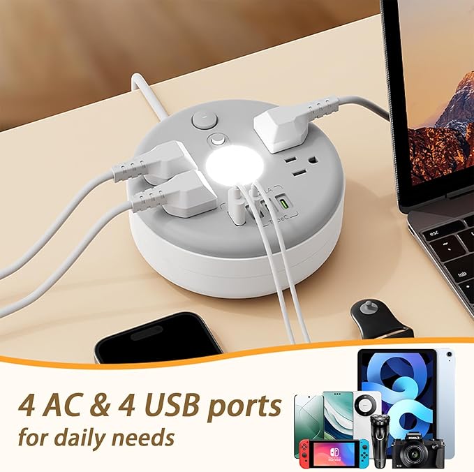 Power Strip Surge Protector with Night Light, 6FT Retractable Extension Cord, 4 AC Outlets, 1 Smart USB-A & 3 USB-C Ports, Portable Travel Power Strip for Home Office Dorm Hotel