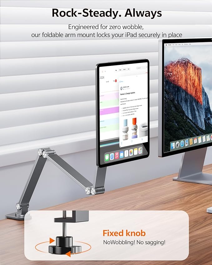 [Upgrade] Magnetic Wireless Charging Stand for iPad Pro 12.9" Gen3-6 / Air 13" M3/M2, Rock Steady iPad Stand for Desk with Foldable Aluminum Alloy Arm, Adjustable Tablet Mount with 2M Braided Cable