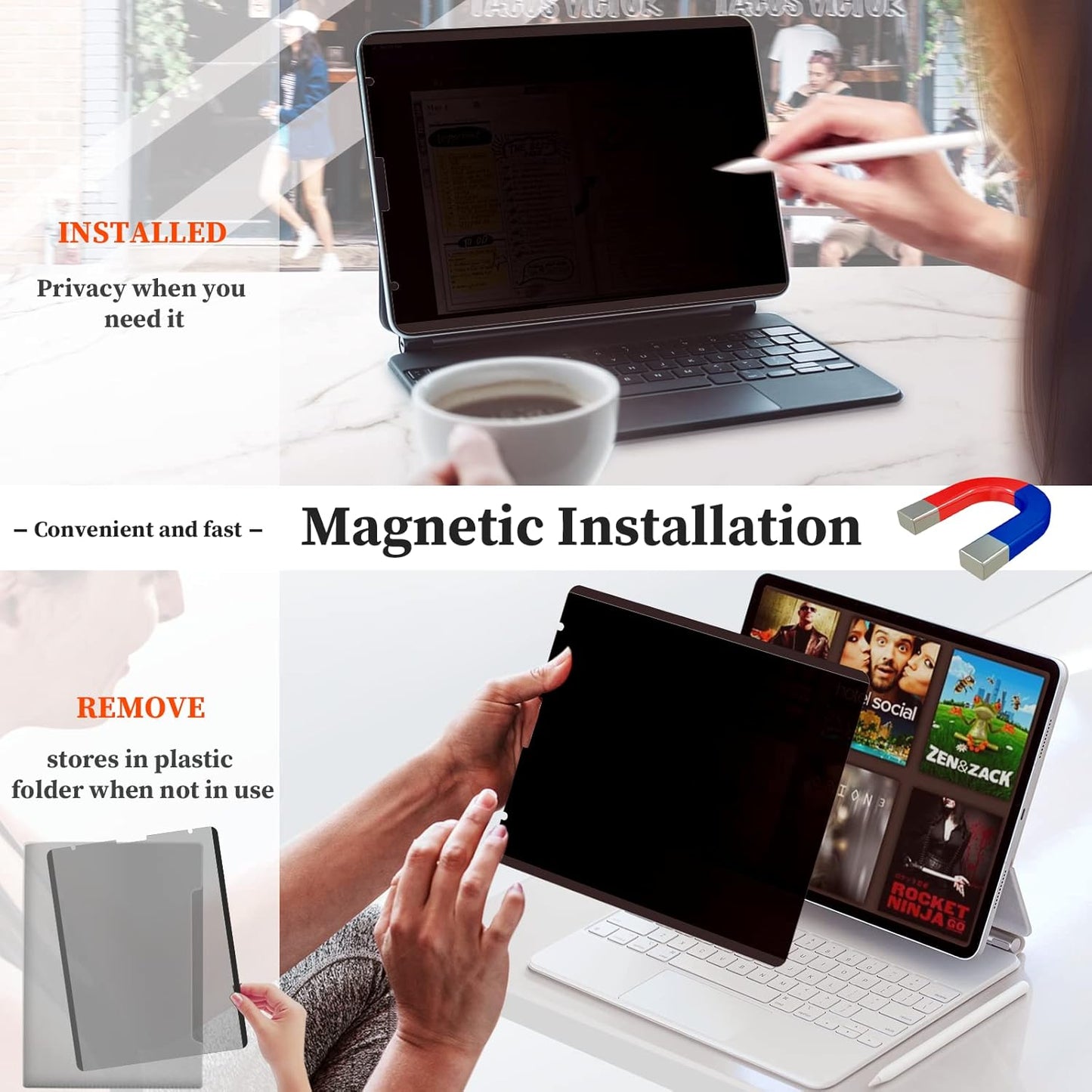 360° Magnetic Privacy Screen Protector for iPad 10.2" 9th/8th/7th Gen (2021 2020 2019), Anti Glare iPad 10.2 inch Privacy Filter, High Sensitive Bubble Free