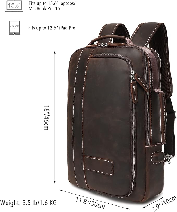 LANNSYNE Men's Full Grain Leather Expandable 15.6 Laptop Backpack Tote Shoulder Travel Bag Rucksack