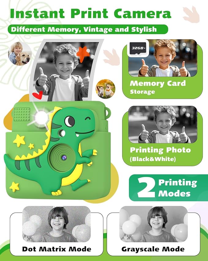 Kids Camera Instant Print, Dinosaur Toys for Boys 3 4 5 6 7 8 9 10 Years Old, 1080P Kids Digital Camera for Toddlers, Christmas Birthday Gifts for Boys Girls 3-12, 32GB SD Card, Green