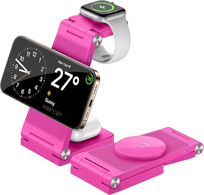 Magnetic Wireless Charger Stand, 3 in 1 Foldable Wireless Charging Station, Travel Charger for Multiple Devices for iPhone 16 15 14 13 12 Series, Apple Watch Ultra/SE/9/8/7/6/5/4/3/2, AirPods