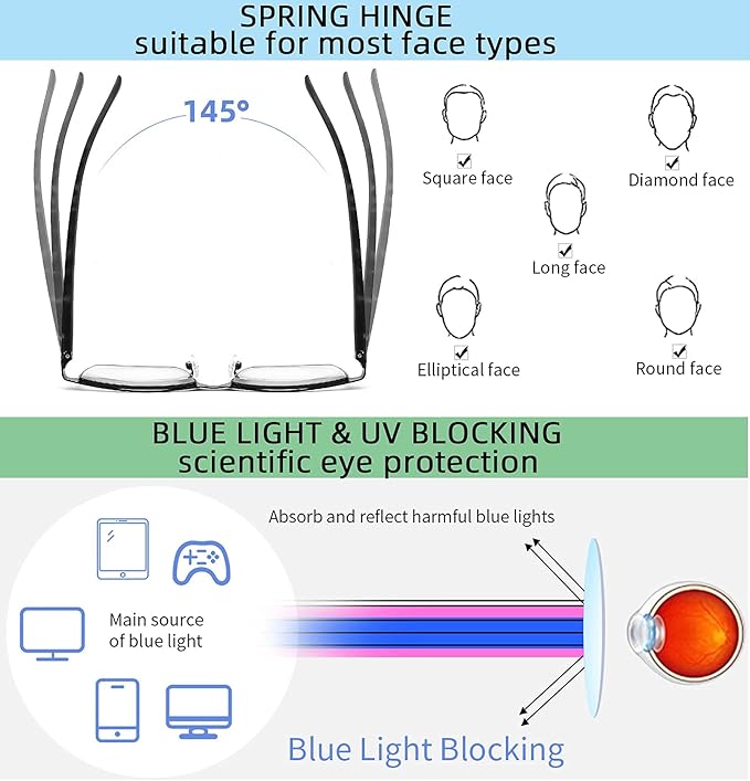 4-Pack Blue Light Blocking Reading Glasses for Men Stylish Metal Frame Readers with Comfort Spring Hinges Anti Glare UV Filter Eyeglasses, +2.5 STRENGTH