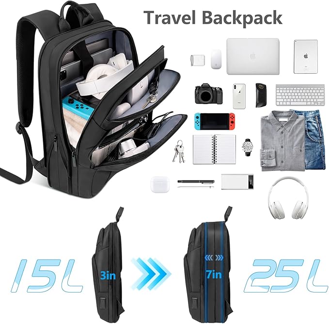 Backpack for Men Slim & Expandable Travel Laptop Backpack with USB Charging Port Water Resistant Anti-Theft Business Backpack Fits 15.6In Laptop for Commute Work College with Small Bag(Business Black)