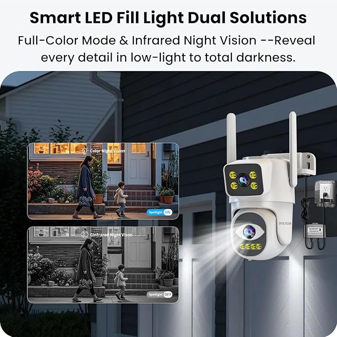 Security Cameras Outdoor Wireless,Dual Lens WiFi Cameras for Home Security, Auto Tracking Light Alarm & Color Night Vision,Two-Way Audio, Plug-in Cable,Water Proof for Outdoor