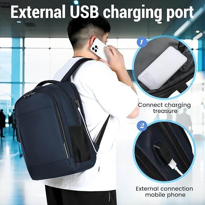 Business Laptop Backpack, 17.3 Inch Travel Laptop Bag Rucksack with USB Charging Port, Water-Resistant Bag Daypack for Work College Computer Men Women Backpack (Navy)