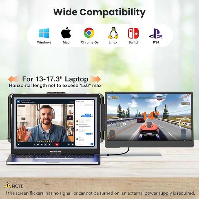 Laptop Screen Extender 14-inch, 1080P FHD Portable Monitor, Type-C/HDMI/USB-A Plug & Play, Laptop Monitor Extender fits Laptops with Screen up to 15.35" Wide, Compatible with Windows, Mac, Chrome