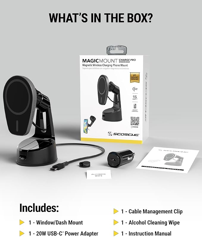 Scosche MPQMWD Charge Pro Qi2 MagSafe Charger Car Mount, 15W Fast Magnetic Wireless Charging Suction Cup Phone Holder for Dashboard/Windshield Compatible with iPhone 16/15/14/13/12 Pro Max Plus, S25
