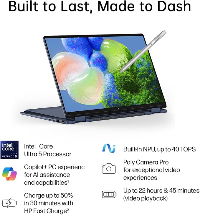 HP Omnibook X Flip 2 in 1 14’’ 2K Touchscreen Laptop, Convertible Laptop 16GB DDR5 RAM 512GB SSD, Intel Core Ultra 5 226V, Intel Arc GPU, Thunderbolt 4, Windows 11 Pro, Office 365 with Microsoft Pen