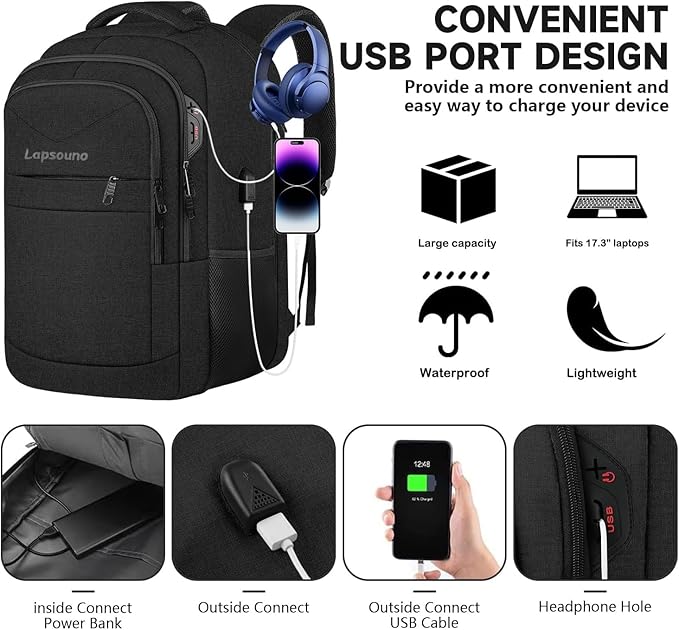 Lapsouno Laptop Backpack, Travel Laptop Backpack, Business Anti Theft Slim Sturdy 15.6 Inch TSA Friendly with USB Port, Water Resistant College School Computer Bag Gifts for Men Women, Black
