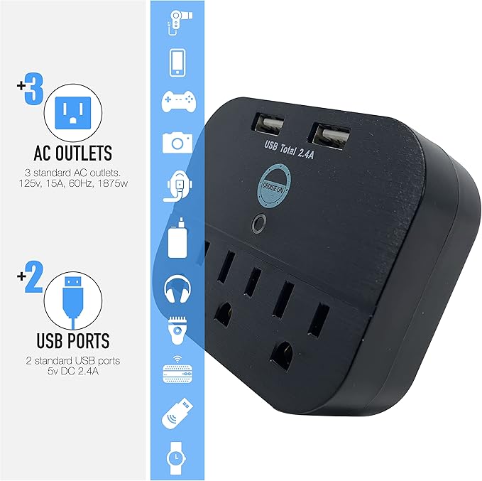Cruise Approved Power Strip - Non Surge Protector Travel Power Strip with 2 USB Outlets - Cruise Ship Essentials 2025 & 2026 for Carnival, Princess, Norwegian, Holland America, MSC & Major Lines