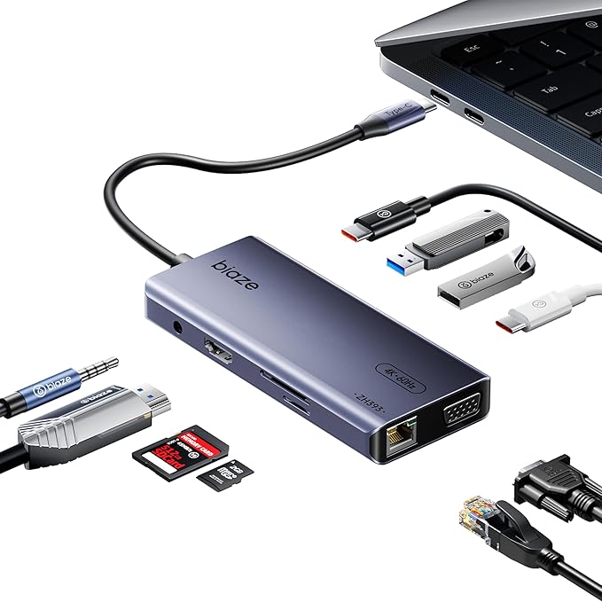 10-in-1 USB C Hub Multiport Adapter, 4K60Hz HDMI & VGA, 100W PD Charging, Gigabit Ethernet, USB 3.0, SD/TF Card Reader, 3.5mm Audio, for MacBook, iPad, Dell, HP and More Type C Laptops