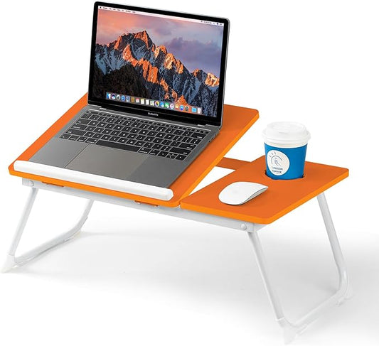 Laptop Desk for Bed Couch, Adjustable Foldable Bed Table with Cup Holder, Breakfast Serving Tray, Portable Laptop Lap Desk Stand for Working Reading Writing Eating Gaming (Orange)