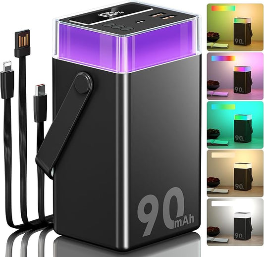 90000mAh Portable Charger Power Bank with 35W PD Fast Charging, 6 Ports & Built-in Cables, RGB Mood Light(12 Modes) &LED Camping Flashlight for Indoor/Outdoor Camping Home Travel Emergency