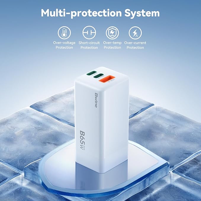 Bwine 65W USB C Charger, 3-Port GaN Wall Charger with 4 ft USB-C Cable Cord, Compatible with Drone, iPhone 17/Pro,Galaxy S24,Note 20/10+, iPad and More,White