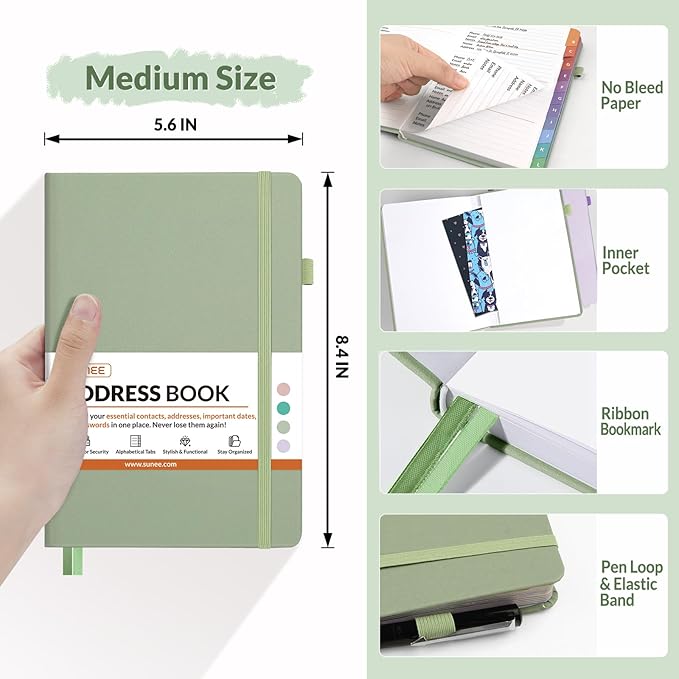 SUNEE Address Book with Colorful Alphabetical Tabs, Address Notebook Organizer for Record Contacts, 5.3'' x 7.7''- Sage Green