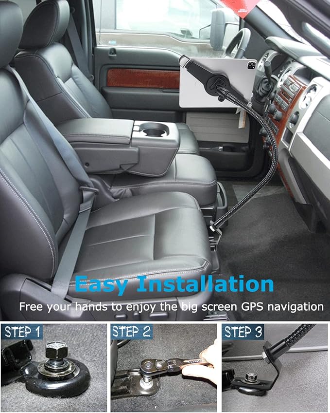 Car Seat Rail Tablet Mount for Truck, Aluminum Gooseneck Car Floor Bolt Tablet Holder Camera Clamp with 1/4'' Screw Adapter for Taxi, Van, Vehicle, Semi, SUV for iPad Pro/Air, Tabs, Gopro (9.5-14.5”)