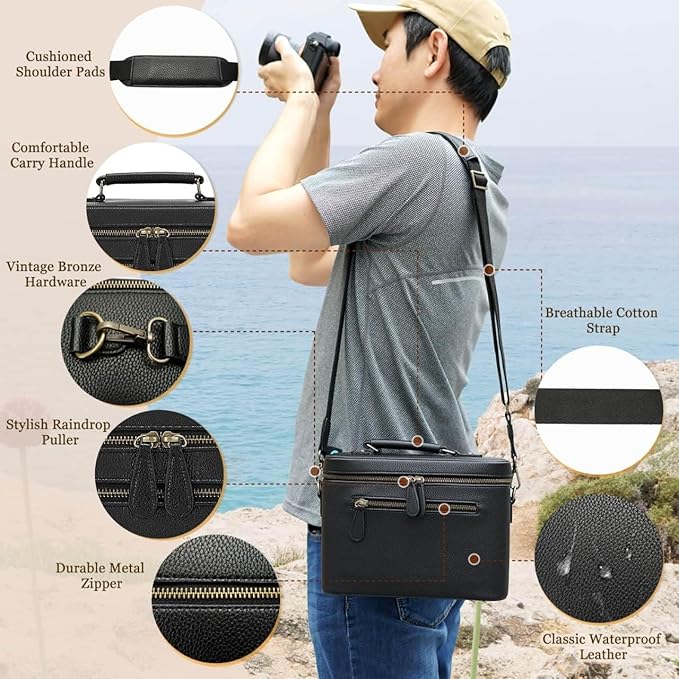 Camera Sling Bag, Waterproof PU Leather Crossbody Camera Case for Photographers, Small Shoulder Bag Compatible for Canon Nikon Sony, 4L Black
