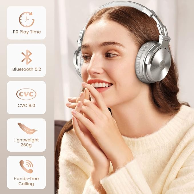 OneOdio Bluetooth Over Ear Headphones, 110 Hrs Wireless/Wired Stereo Sound Foldable Headsets with Deep Bass 50mm Neodymium Drivers for PC/Phone/Tablet - Studio Wireless Pro C, Champagne Gold