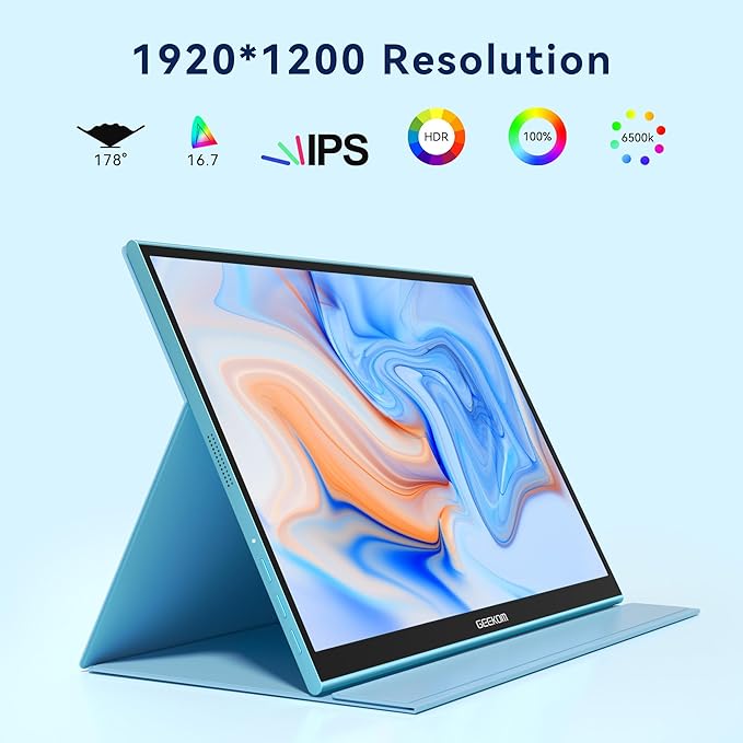 GEEKOM Portable Monitor（2025）, 16'' 1200P FHD Laptop Monitor USB C HDMI Computer Display HDR Eye Care External Screen w/Smart Cover for PC Mac Laptop Phone