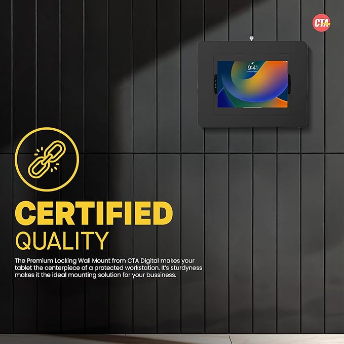 Locking iPad Wall Mount - CTA Anti-Theft Large Locking Tablet Enclosure w/ Key Lock and Interior Cable Routing for iPad Pro 12.9", Surface Pro 3, 4, 5, 6, 7, 8, X - Black - (PAD-PLWB)