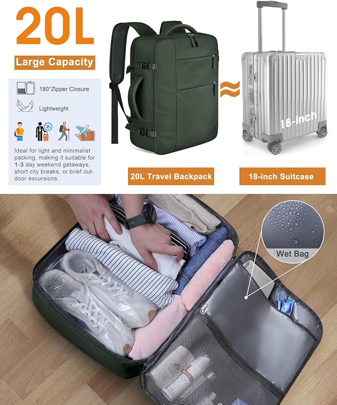 Capolo Travel Backpack for Women Men Waterproof Laptop Backpack Airlines Approved Carry On Backpack Bag Computer Bookbag for Business, Work, Traveling Fits 15.6 Inch Laptop(Green)