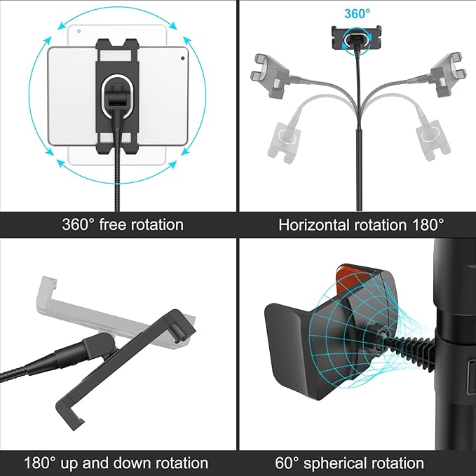 Tripod Stand for Ipad,Gooseneck 65-inch Floor Stand for Tablet,Floor Stand for iPad Tripod with 360° Rotating Mount for Mini, Air, Pro and All 4.7-11.9 Inch Tablet and Phone