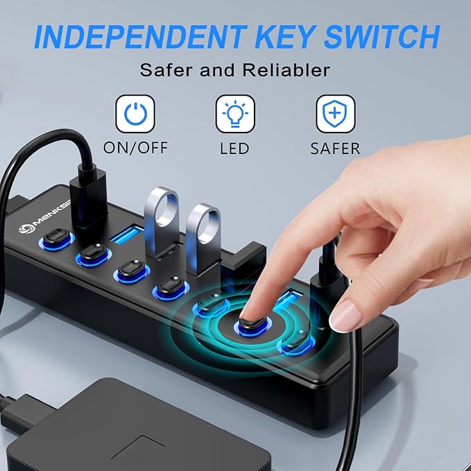7-Port USB 3.2 Hub, Data USB Hub Splitter with Individual On/Off Switches and Lights, Compatible with Laptop, PC, MacBook, Mac Pro, Mac mini, iMac, Surface Pro and More