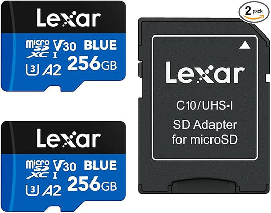 Lexar 256GB 2 Pack Blue Micro SD Card Up to 160MB/s, microSDXC UHS-I Memory Card with SD Adapter, C10, U3, A2, V30, Full HD, 4K UHD, High Speed TF Card