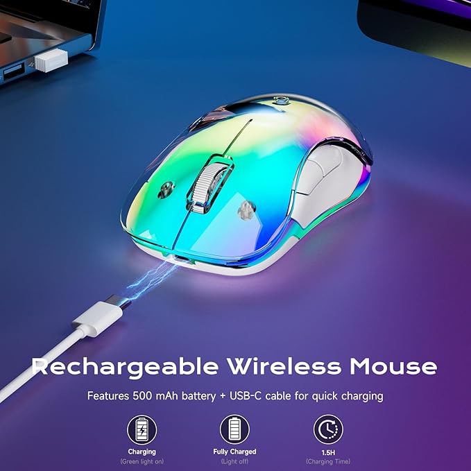 memzuoix 2.4G LED Wireless Mouse, Rechargeable Ergonomic Mouse with Detachable Cover, 1400 DPI Portable Optical Computer Mouse with USB Receiver for Laptop, PC, Desktop and MacBook, 5 Buttons-Blue