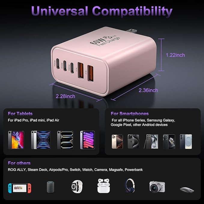 USB C Fast Wall Charger Block, 2Pack 60W USBC Charging Cubes, 5-Port PD+QC Power Adapter Multiport Brick Type C Box Plug for Phone 16/15/14/13/12/11/Pro Max/Plus, Pad Mini/Pro/S25/S24-Pink