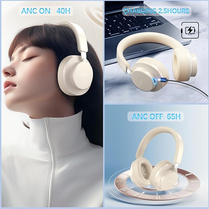 Noise Cancelling Headphones Wireless Bluetooth, Over Ear Headphones Bluetooth with Microphone, Cancelling Wireless Headphone Over Ear, 65h Playtime, Clear Calls, Comfort Fit For Travel (Beige)