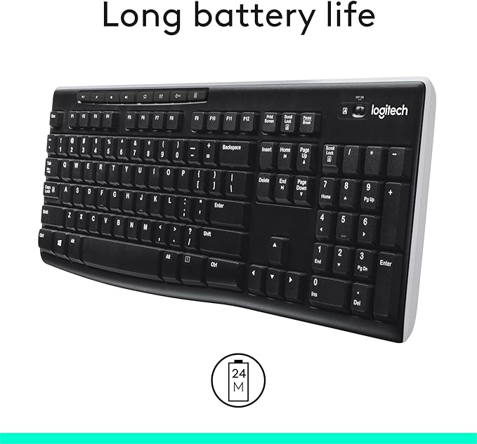 Logitech K270 Wireless Keyboard for Windows, 2.4 GHz Wireless, Full-Size, Number Pad, 8 Multimedia Keys, 2-Year Battery Life, Compatible with PC, Laptop, Black