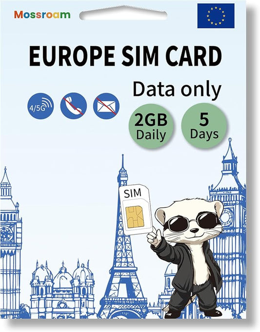 Data SIM Card for Europe Travel 5 Days 2GB Daily for Unlocked Phones,Easy Activation 4/5G High-Speed Communication, Coverage of All European Countries