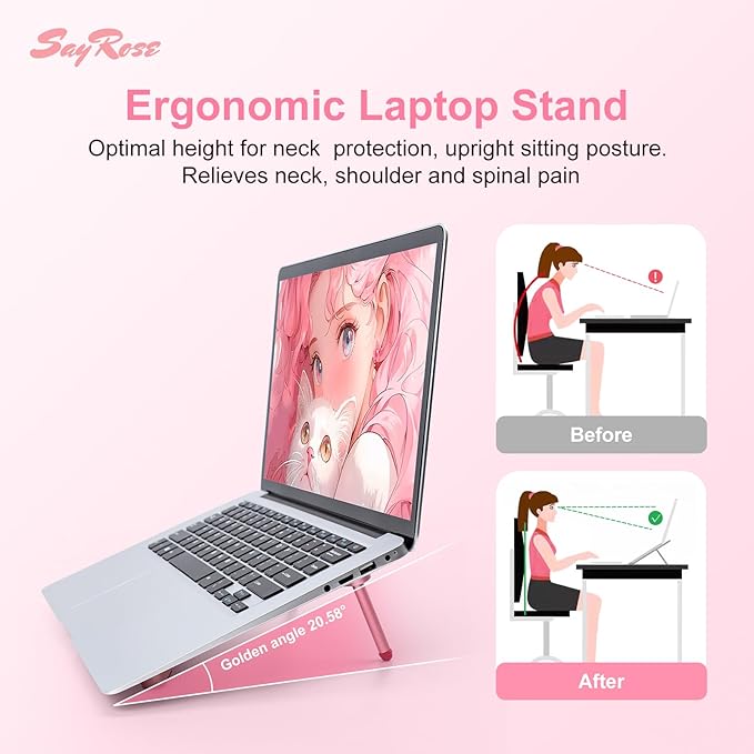 SayRose Portable Laptop Stand for Desk, Aluminum Ergonomic Computer Stand Foldable Compact Laptop Riser for Gaming, Travel, Desk Accessories Gifts for Women