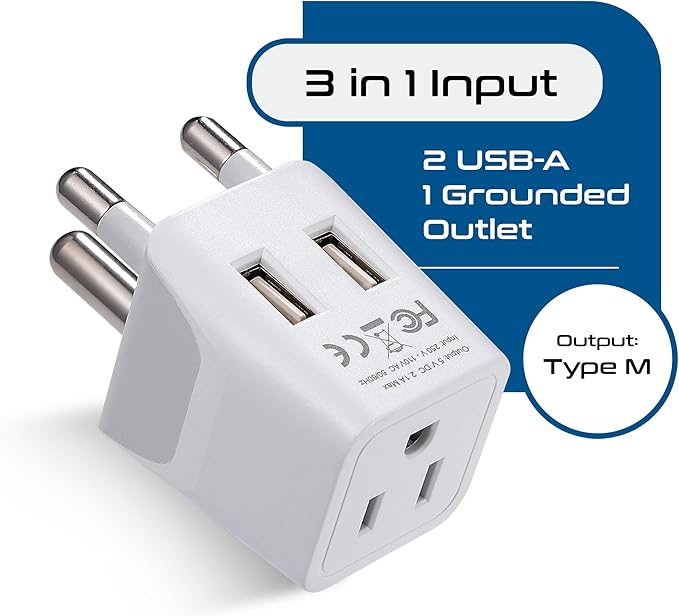 Ceptics South Africa, Botswana Travel Adapter Plug With Dual USB + USA Input - Type M - Ultra Compact - Safe Grounded Perfect for Cell Phones, Laptops, Camera Chargers and More (CTU-10L)