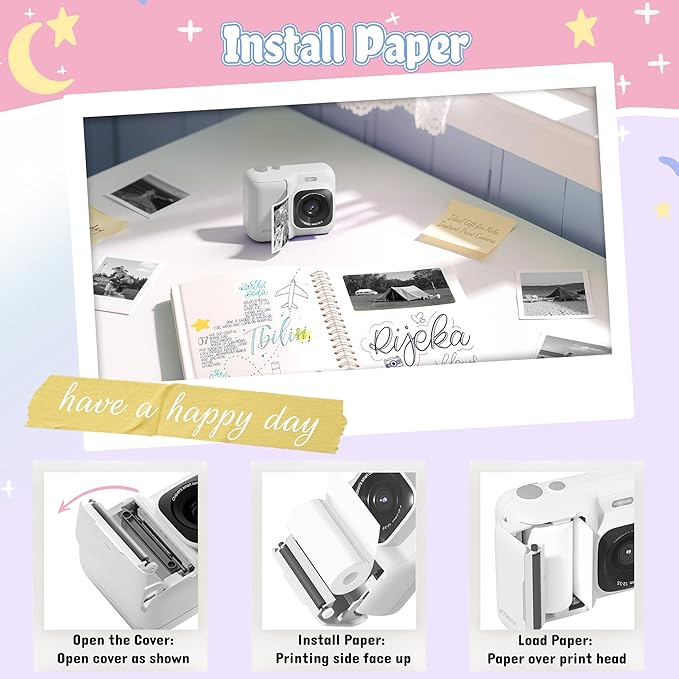 Kids Camera, 1080P Instant Digital Print Camera for Kids, Christmas Birthday Gifts for 4 5 6 7 8 9 10 Year Old Girls Boys, Portable Toy with 32GB SD Card & 3 Rolls Printing Paper, 1 Count, White