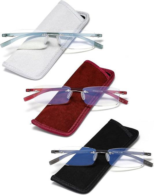 HIYANJN Rimless Reading Glasses For Women Tr90 Blue Light Blocking Eyeglasses Lightweight Frameless Computer Readers(3-Pack 4.0)