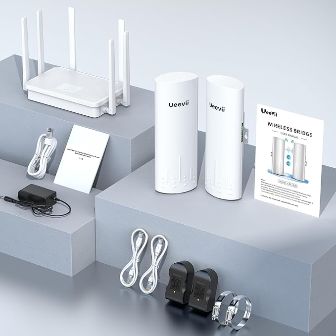UeeVii CPE450 Wireless Bridge and WR3000K WiFi Router Kit, 5.8G 3KM Point to Point Wireless Bridge Outdoor to Shop Barn Garage Building Network Kit Solution, Outdoor WiFi Bridge(2PCS), Plug and Play
