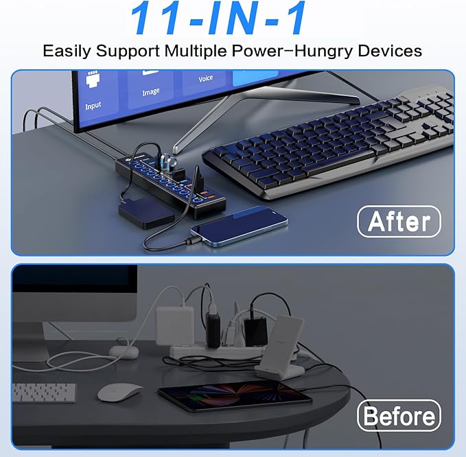 Powered USB Hub, MENKSID 11-Port USB Hub, 7 USB 3.2 Data Transfer Ports + 4 Smart Charging Ports, Independent Switch (with LED Power Indicator), USB 3.2 Hub Powered with Power Adapter for Mac, PC