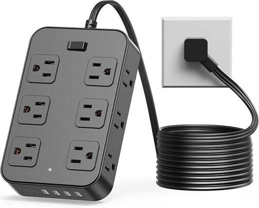 Flat Plug Power Strip Surge Protector with 12 AC Outlets 6 USB Ports 3 Side Multi Plug Outlet Extender 15 Ft Extension Cord for Home Office Kitchen Dorm Wall Desk Charging Station ETL Listed