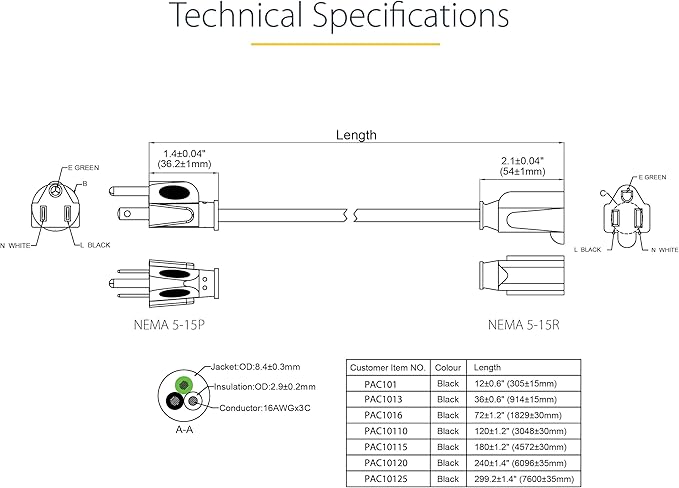 StarTech.com 25 ft Power Extension Cord - NEMA 5-15R to NEMA 5-15P - 16 AWG Power Extension Cable Cord - 125 Volts at 13 Amps - SJT - 25ft (PAC10125)