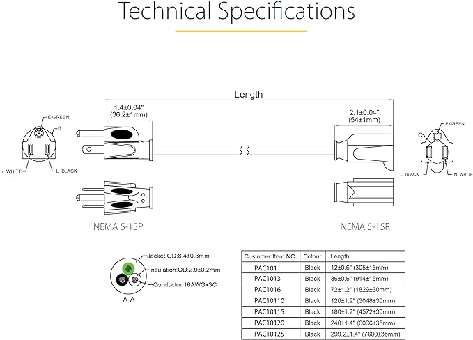 StarTech.com 15 ft Extension Cord - 16 AWG Power Extension Cable Cord - NEMA 5-15R to NEMA 5-15P - Power Supply Cord (PAC10115), 15 ft / 4.5 m