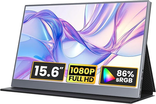 Portable Monitor 15.6 inch 1080P FHD 86% sRGB 60Hz, Travel Monitor for Laptop MacBook Surface PC Xbox PS5, HDMI Dual USB-C VESA Compatible Built-in Speaker, with Cover