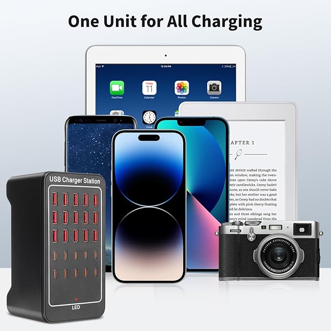 USB~C Charger Block, 125W(25A) 25 Port (15 USB A & 10 USB~C Port) Multiple Charging Station, Desktop Wall Charger Compatible with iPhone, iPad, Tablets, Smartphones