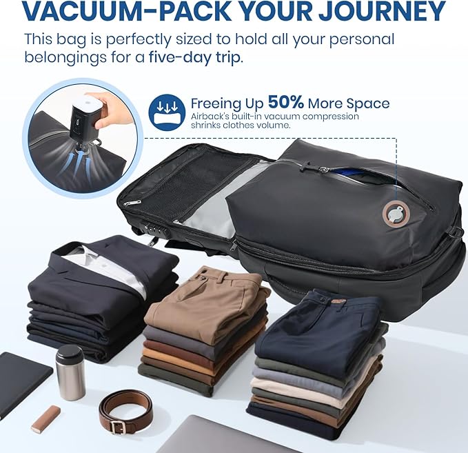 Fanwoli Vacuum Travel Backpack, Carry On Luggage with TSA Lock & Anti Theft Zipper, 60L Expandable Airback with Compression Pump, Waterproof Laptop Bag Ideal for Flight & Business,Black