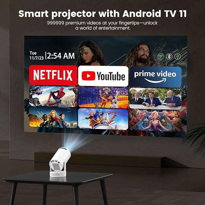 Mini Projector,Support 4K with Bluetooth 5.4 WIFI6, 5watt Sound Base Speaker,160 ANSI, Android 11,210° Rotation, Auto Keystone Correction Video Projector HY300 ULTRA