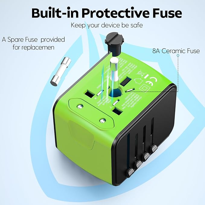 JMFONE International Travel Adapter 2 USB-C & 2 USB-A Ports and Multi AC Sockets,Universal Power Adapter Worldwide All in One High Speed 2.4A Perfect for 200+ Countries (Green)