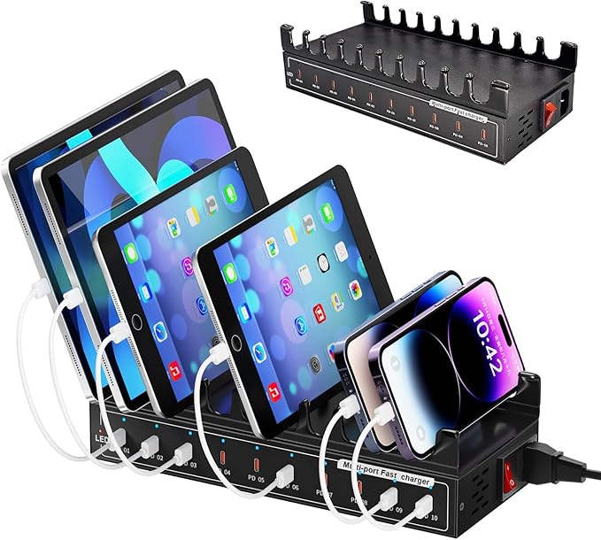 10 Port Fast Charging Station（10USB C）,200W USB C Charging Station, simultaneously Charges Mobile Phones, Tablets, Game Consoles and Headphones and Other Devices at high Speed